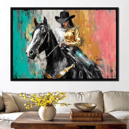 Golden Rider on Midnight Steed Canvas Wall Art