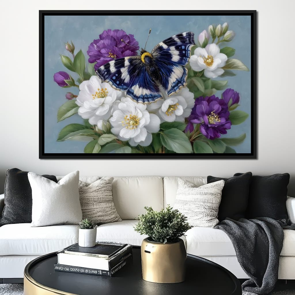 Blue Butterfly Garden Blossom Canvas Wall Art