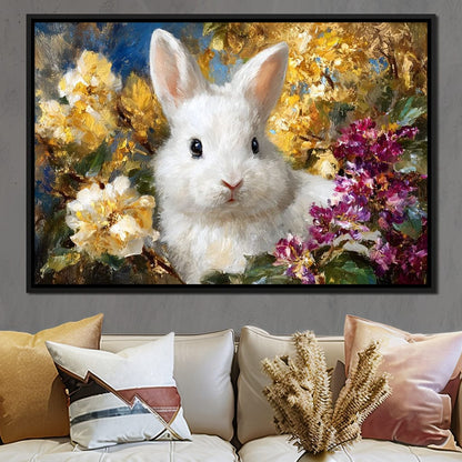 White Bunny Garden Bouquet Canvas Wall Art