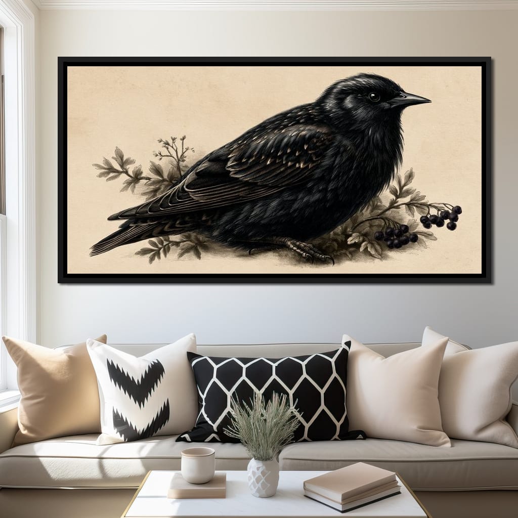Solitary Starling Perched Upon Wild Berries Canvas Wall Art