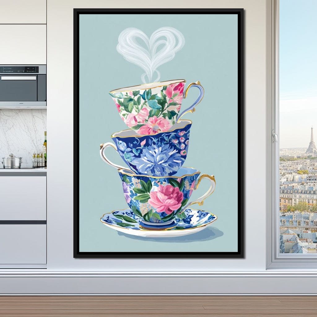 Vintage Floral Teacup Stack Delight Canvas Wall Art