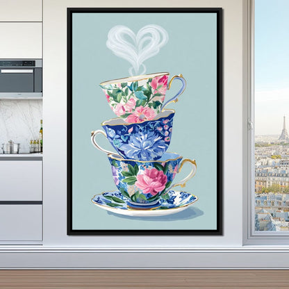 Vintage Floral Teacup Stack Delight Canvas Wall Art
