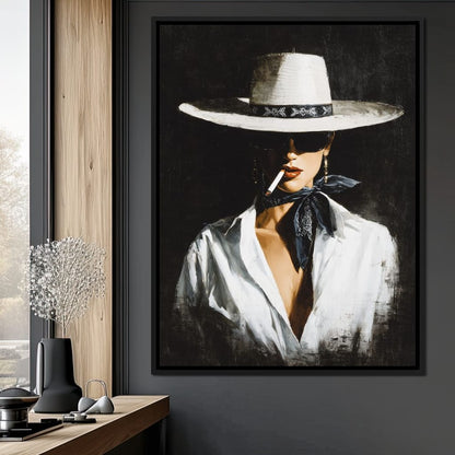 Noir Cowgirl Smoking Portrait Canvas Wall Art