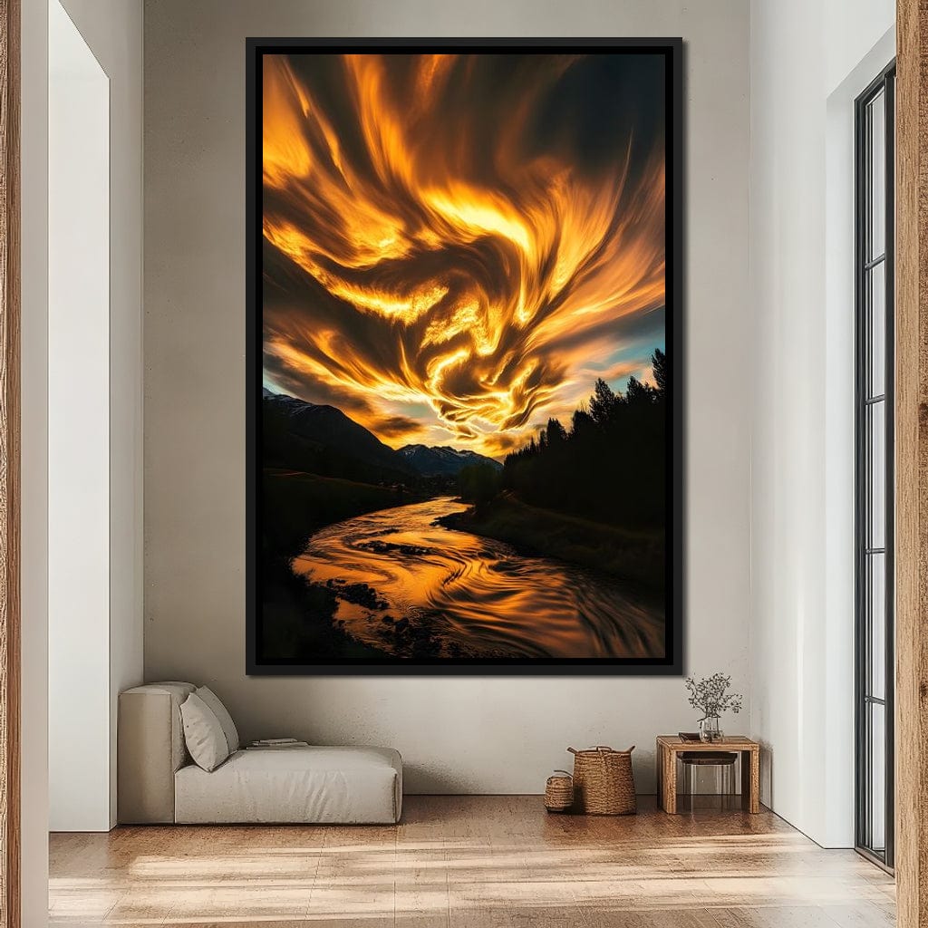 Golden Skies Over River Glow Canvas Wall Art