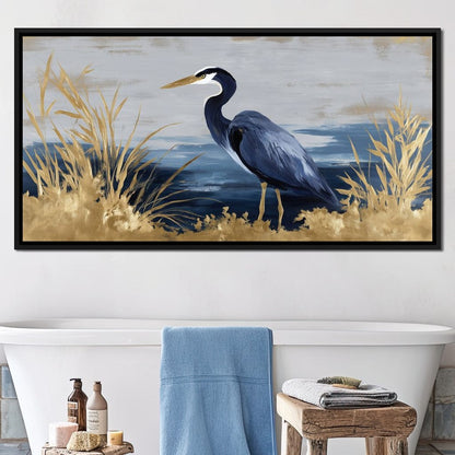 Coastal Heron Gold Reeds Canvas Wall Art