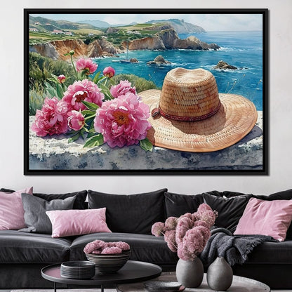 Seaside Blooms and Straw Hat Canvas Wall Art