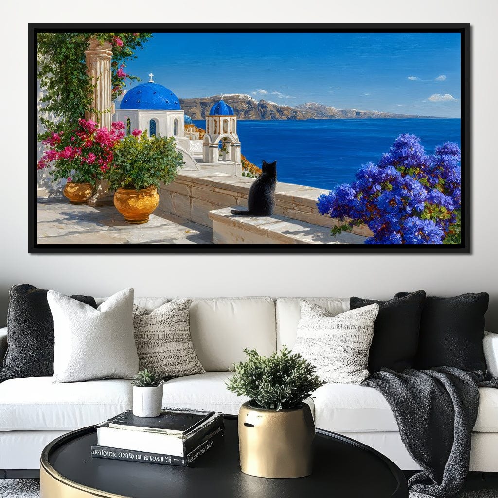 Santorini Blue Domes Cat Escape Canvas Wall Art