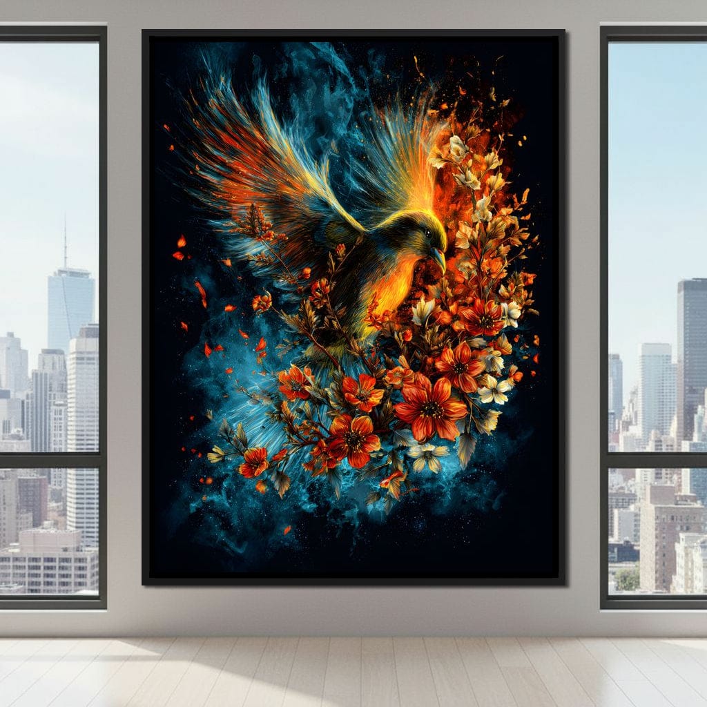 Flaming Phoenix Floral Burst Canvas Wall Art