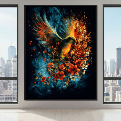 Flaming Phoenix Floral Burst Canvas Wall Art