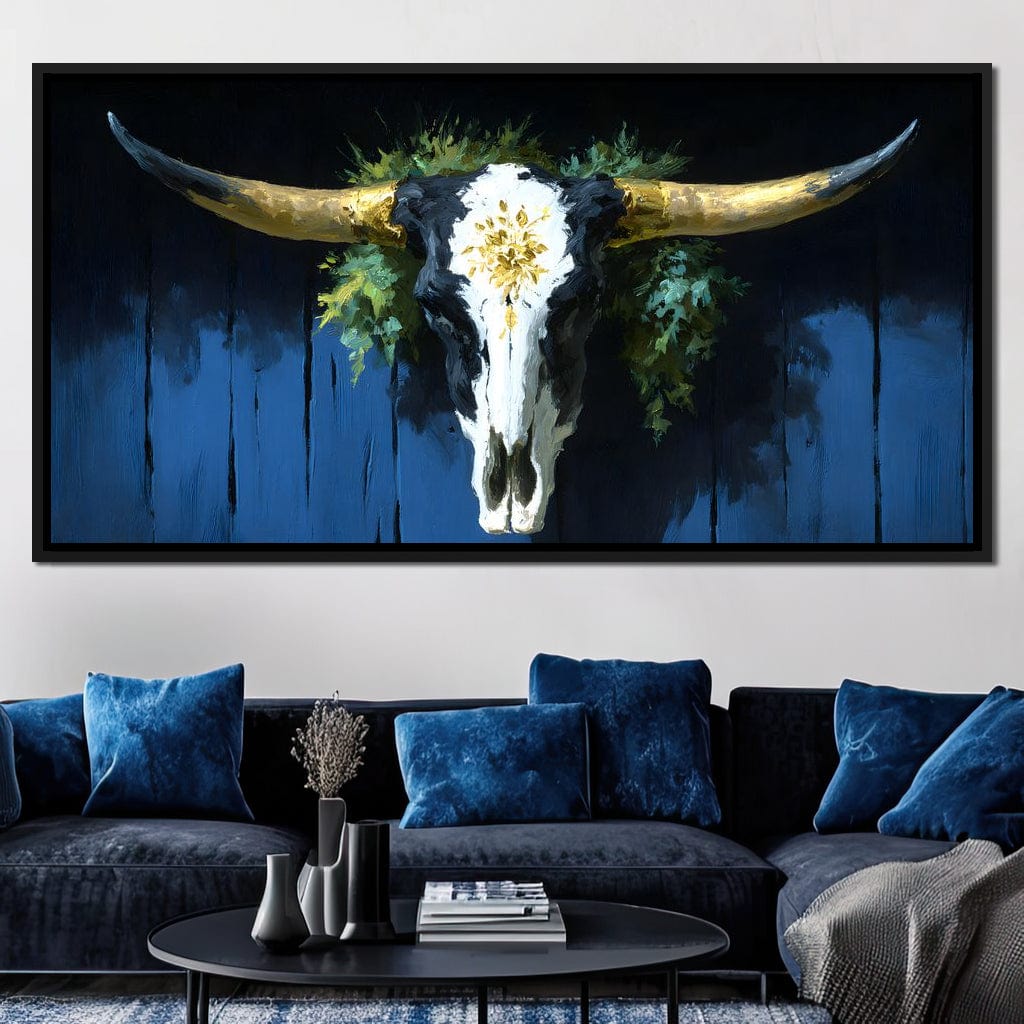 Golden Longhorn Skull Rustic Canvas Wall Art
