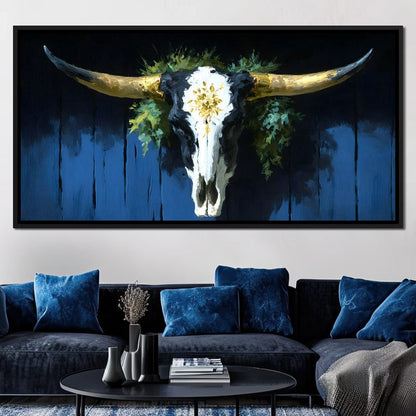 Golden Longhorn Skull Rustic Canvas Wall Art