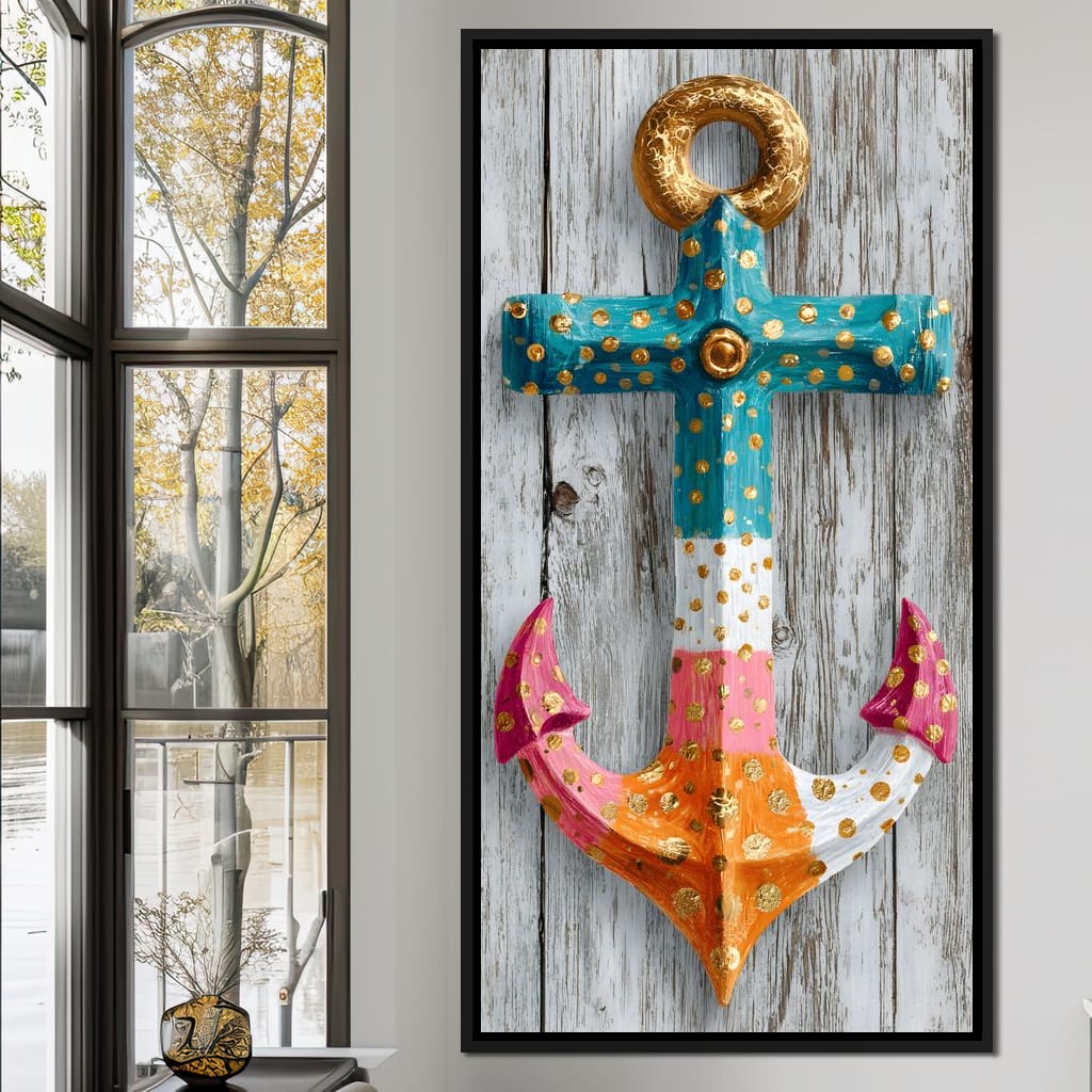 Golden Dotted Nautical Anchor Canvas Wall Art