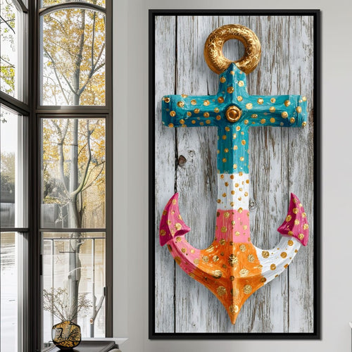 Golden Dotted Nautical Anchor Canvas Wall Art