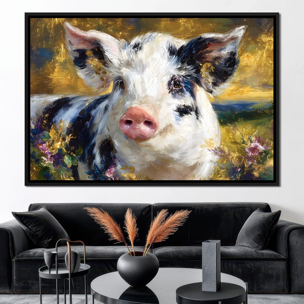 Golden Meadow Piglet Portrait Canvas Wall Art