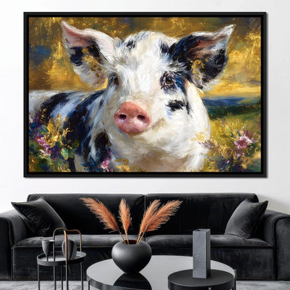 Golden Meadow Piglet Portrait Canvas Wall Art