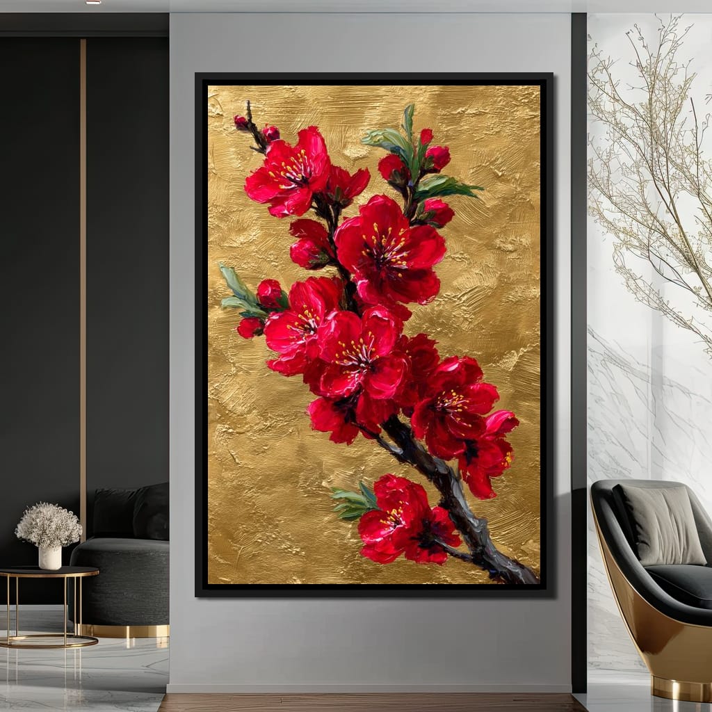 Golden Sakura Blossom Branch Canvas Wall Art