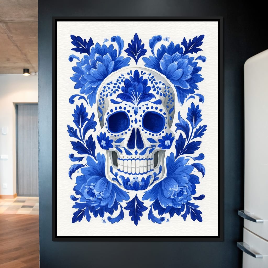 Blue Floral Sugar Skull Folkstyle Canvas Wall Art