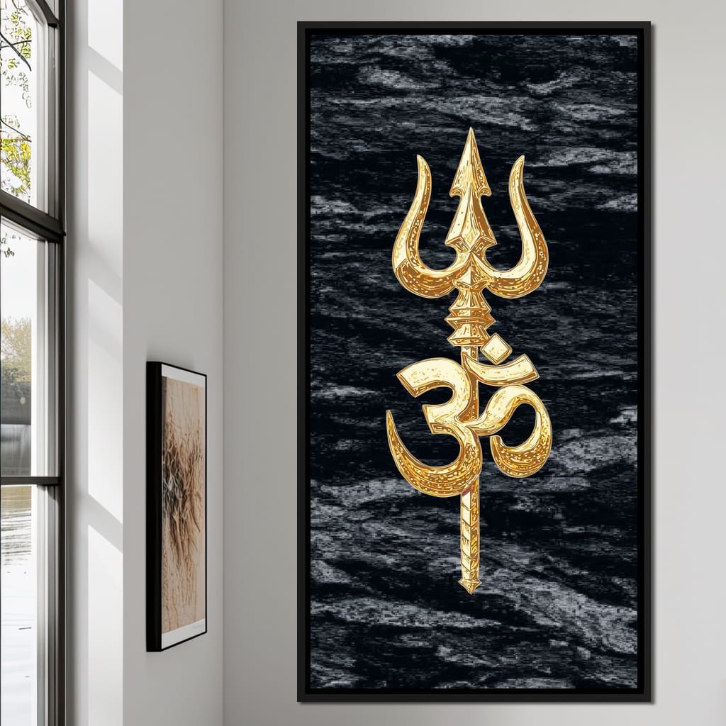 Golden Om Trishul Emblem Canvas Wall Art