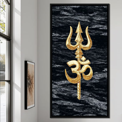 Golden Om Trishul Emblem Canvas Wall Art