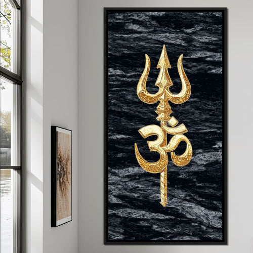 Golden Om Trishul Emblem Canvas Wall Art