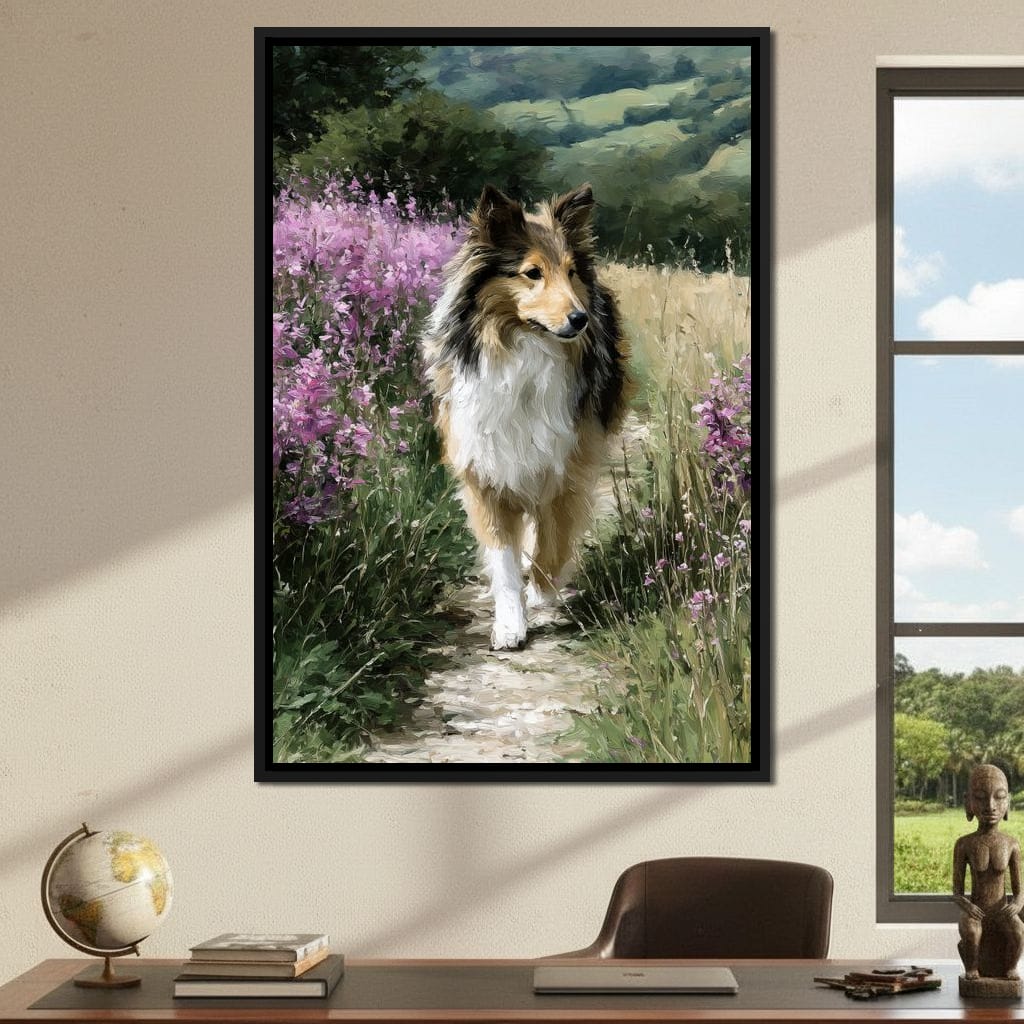 Sheltie Meadow Path Portrait Canvas Wall Art