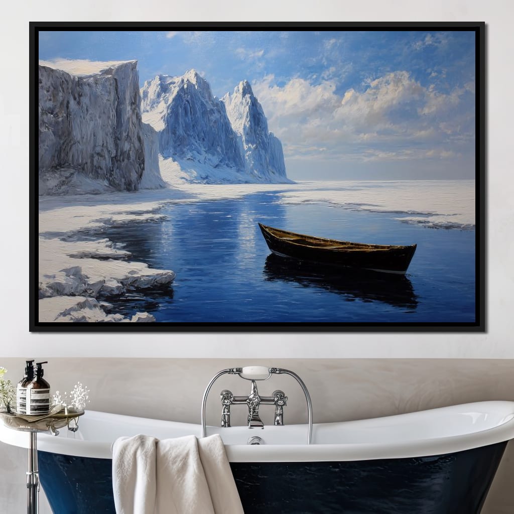 Silent Boat on Frozen Fjord Canvas Wall Art