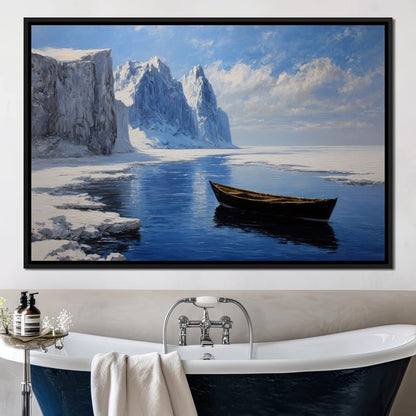 Silent Boat on Frozen Fjord Canvas Wall Art