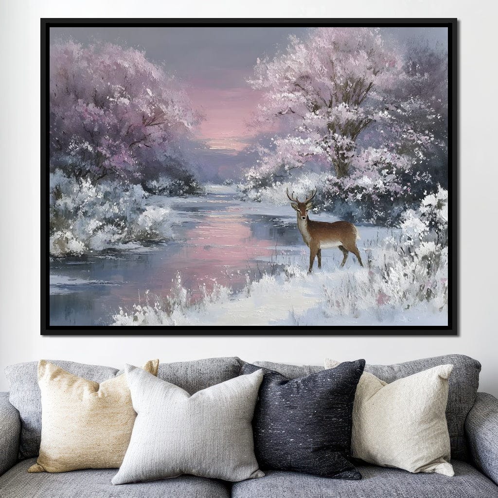 Winter River Deer Sunset Glow Canvas Wall Art