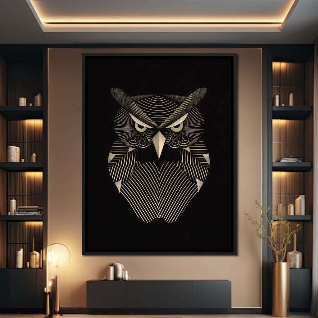 Golden Geometric Owl Guardian Canvas Wall Art