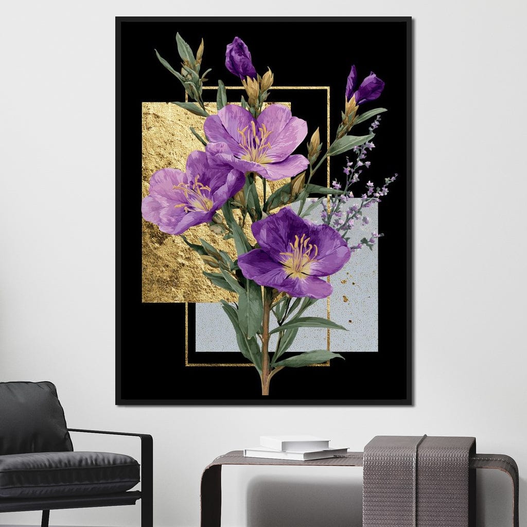 Golden Frame Violet Blossoms Canvas Wall Art