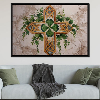 Celtic Cross Clover Wreath Canvas Wall Art