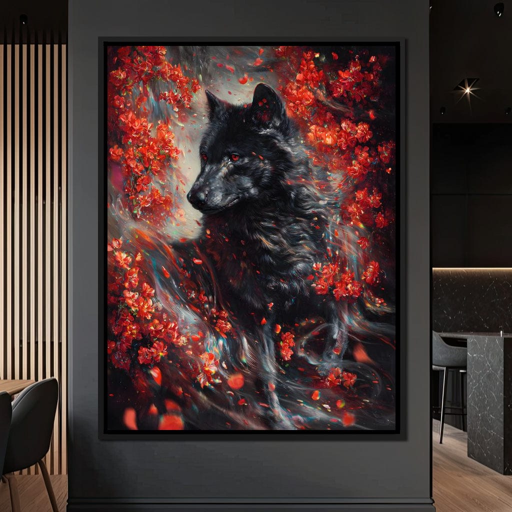 Black Wolf Rose Petal Storm Canvas Wall Art