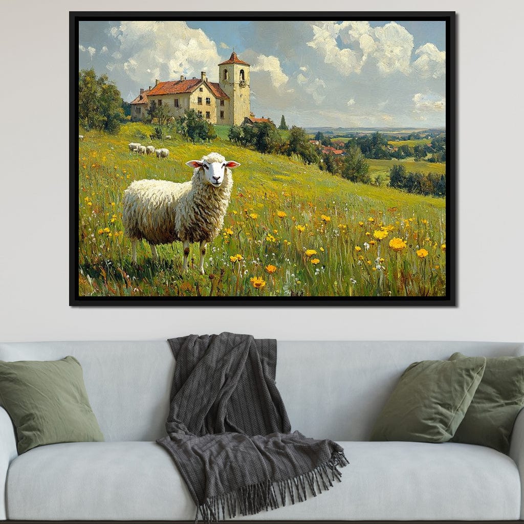 Meadow Sheep by the Countryside Canvas Wall Art