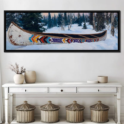 Painted Canoe Among Winter Pines Canvas Wall Art