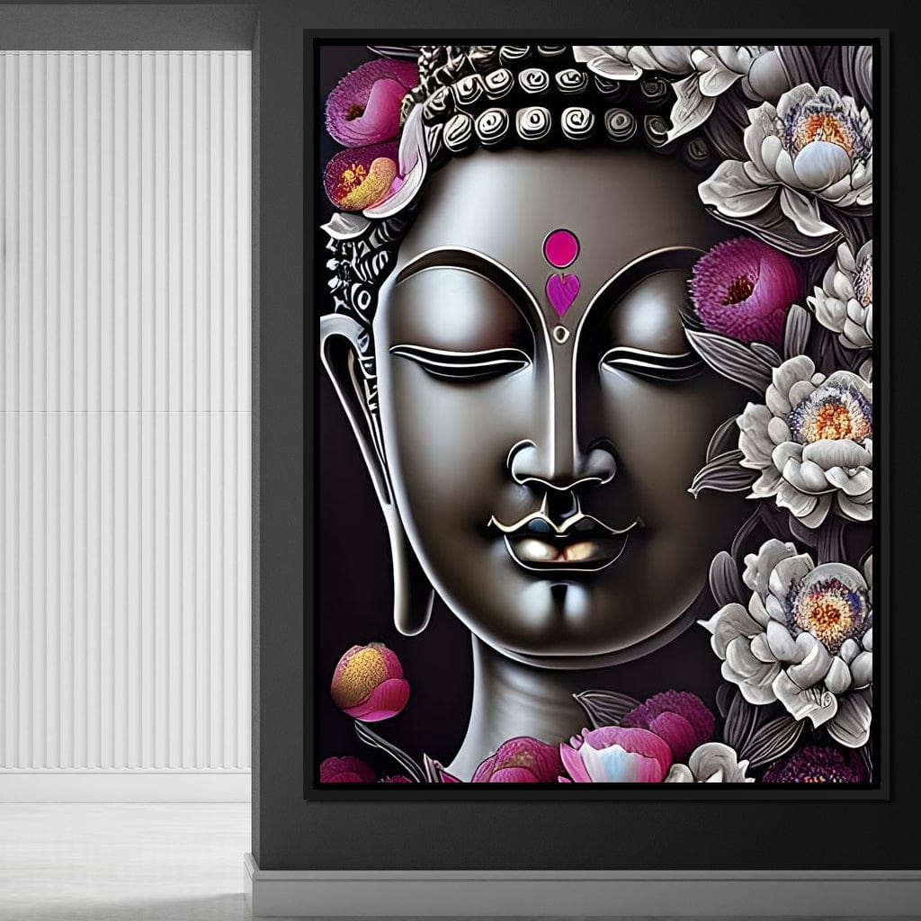 Buddha & Flowers Grey Canvas Wall Art