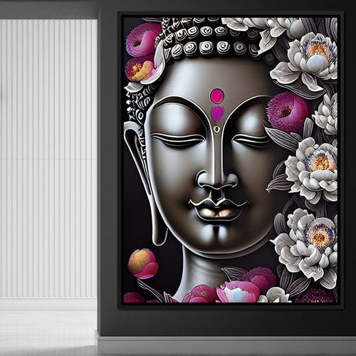 Buddha & Flowers Grey Canvas Wall Art