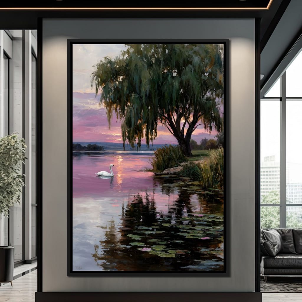 Swan Lake Sunset Willow Tree Canvas Wall Art