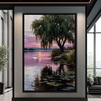 Swan Lake Sunset Willow Tree Canvas Wall Art