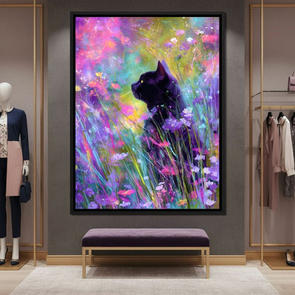 Midnight Feline Among Wildflowers Canvas Wall Art