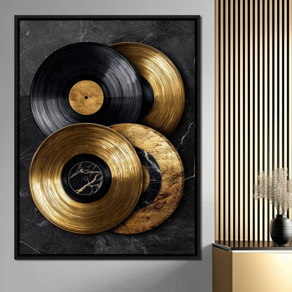 Gold Vinyl Records Noir Marble Canvas Wall Art