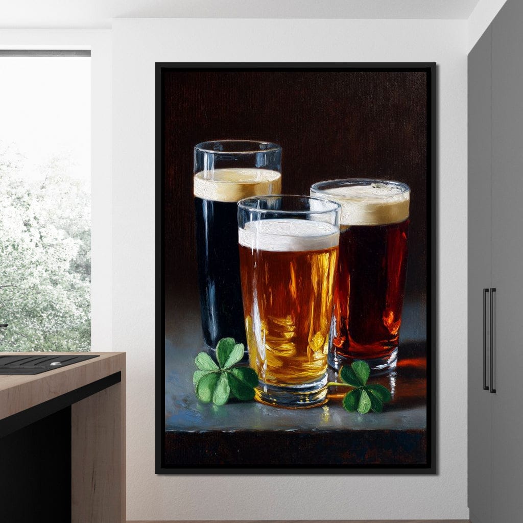 Stout Ale Lager With Shamrocks Canvas Wall Art
