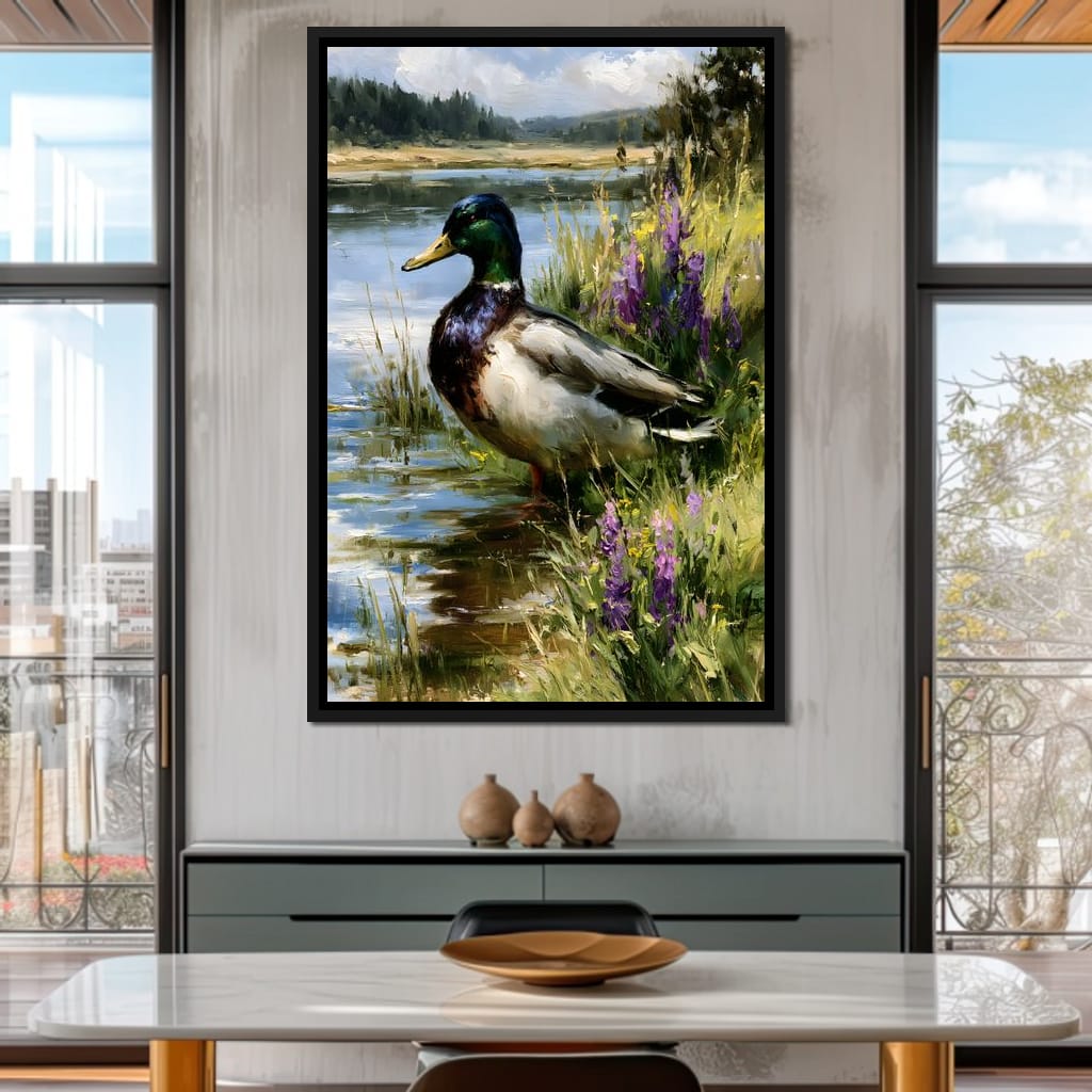 Solitary Mallard By The Still Shore Canvas Wall Art