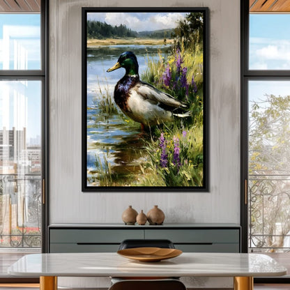 Solitary Mallard By The Still Shore Canvas Wall Art