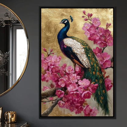 Golden Peacock Cherry Blossom Canvas Wall Art
