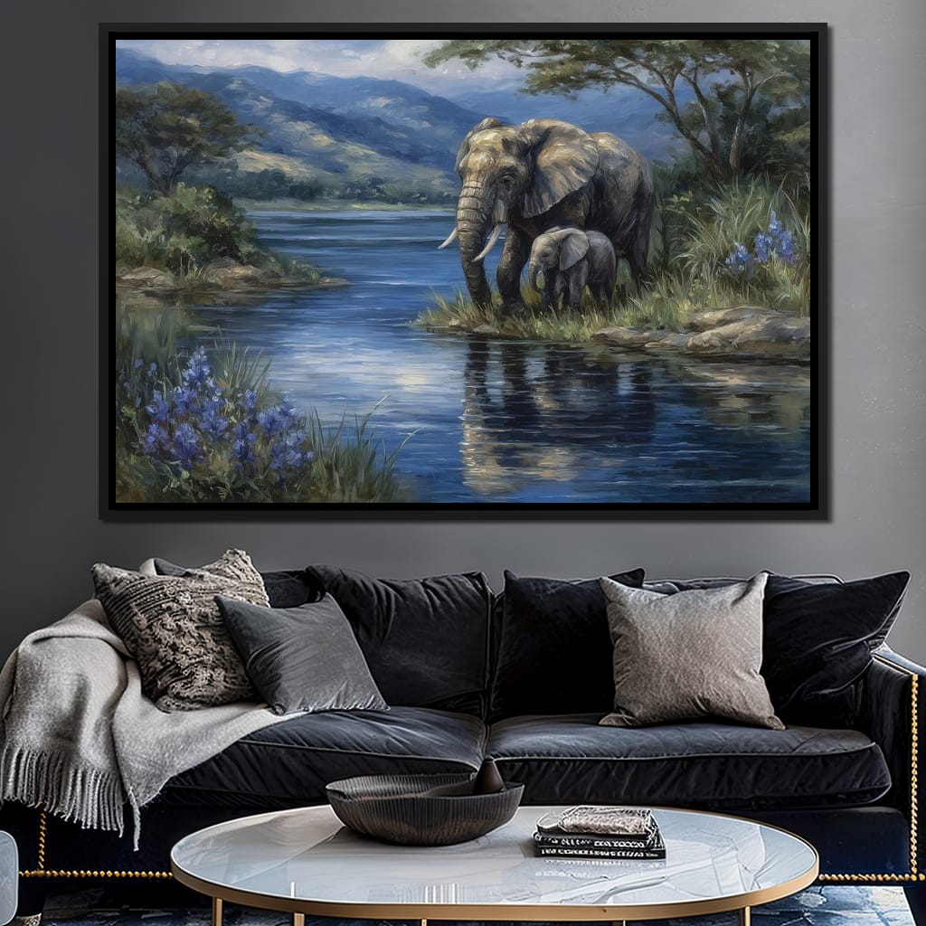 Elephant Family Riverbank Dream Canvas Wall Art