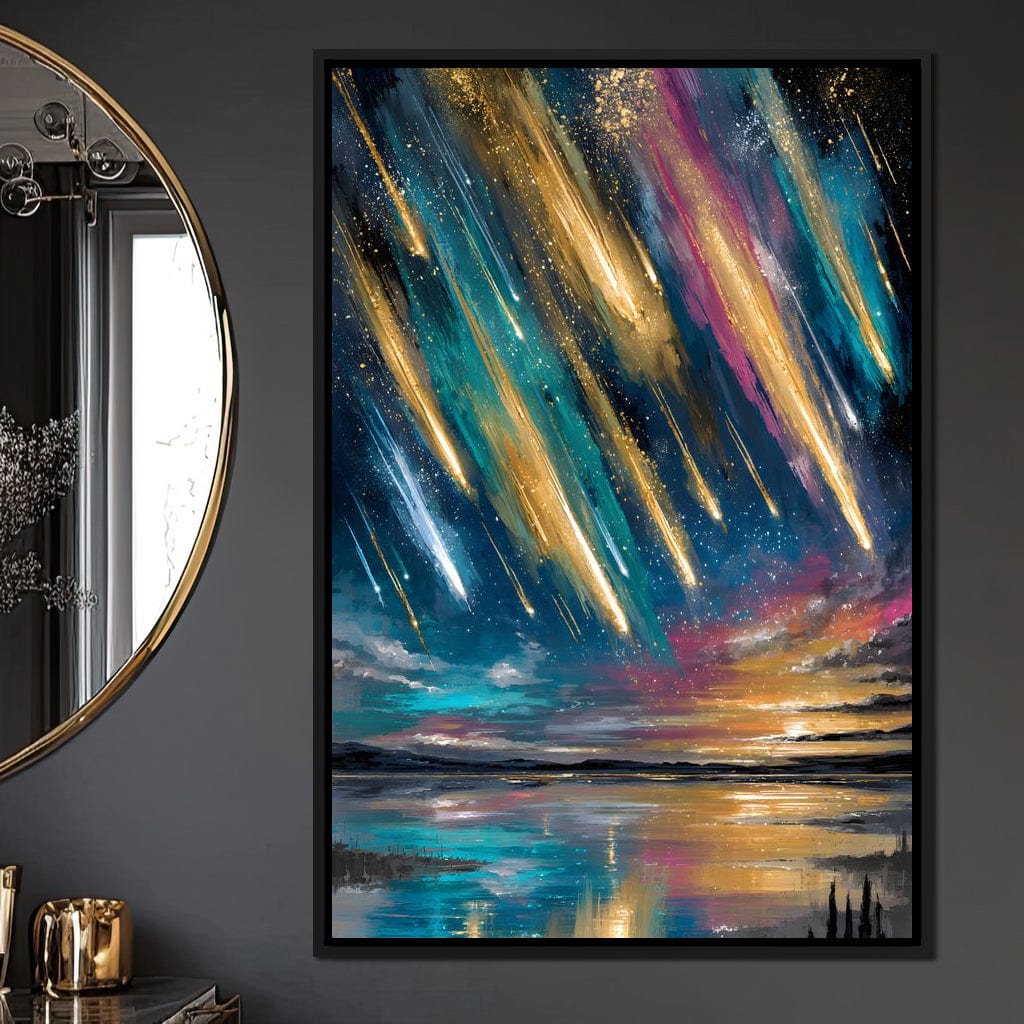 Golden Meteors Over Silent Lake Canvas Wall Art