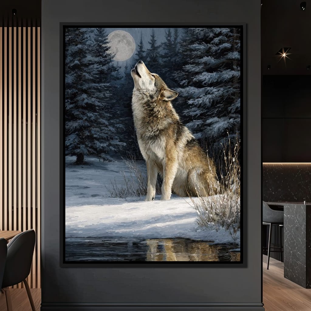 Moonlit Wolf Winter Howl Night Canvas Wall Art