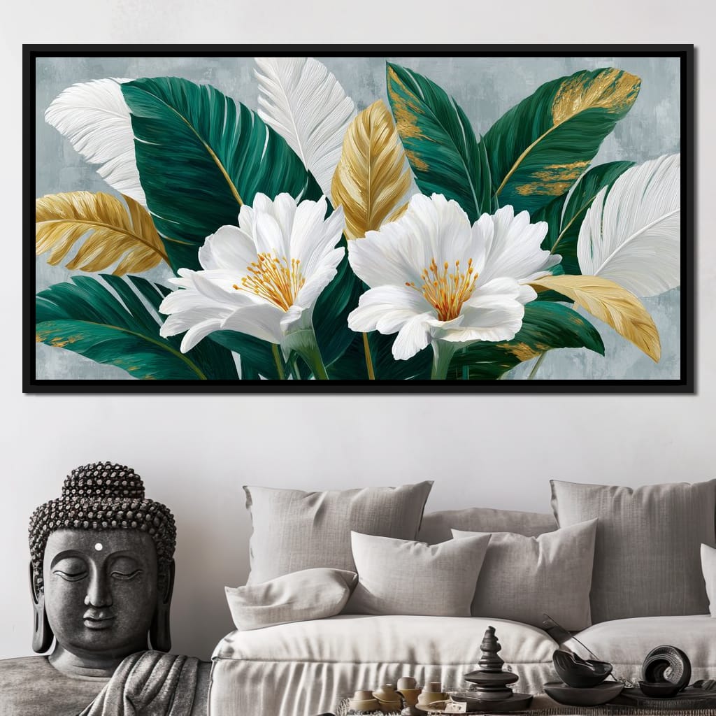 Gilded Tropical White Peony Canvas Wall Art