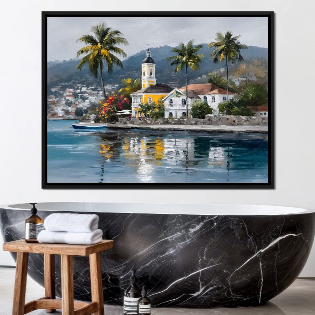 Tropical Harbor Church View Canvas Wall Art