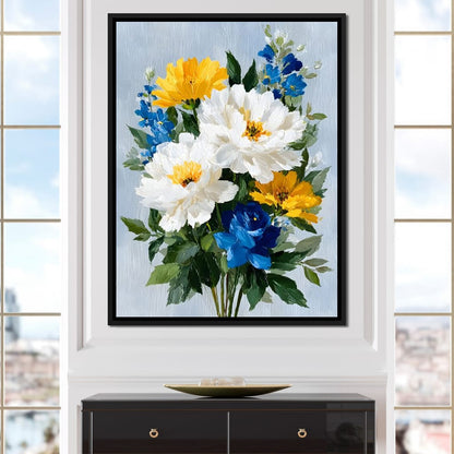 Golden White Blue Garden Posey Canvas Wall Art